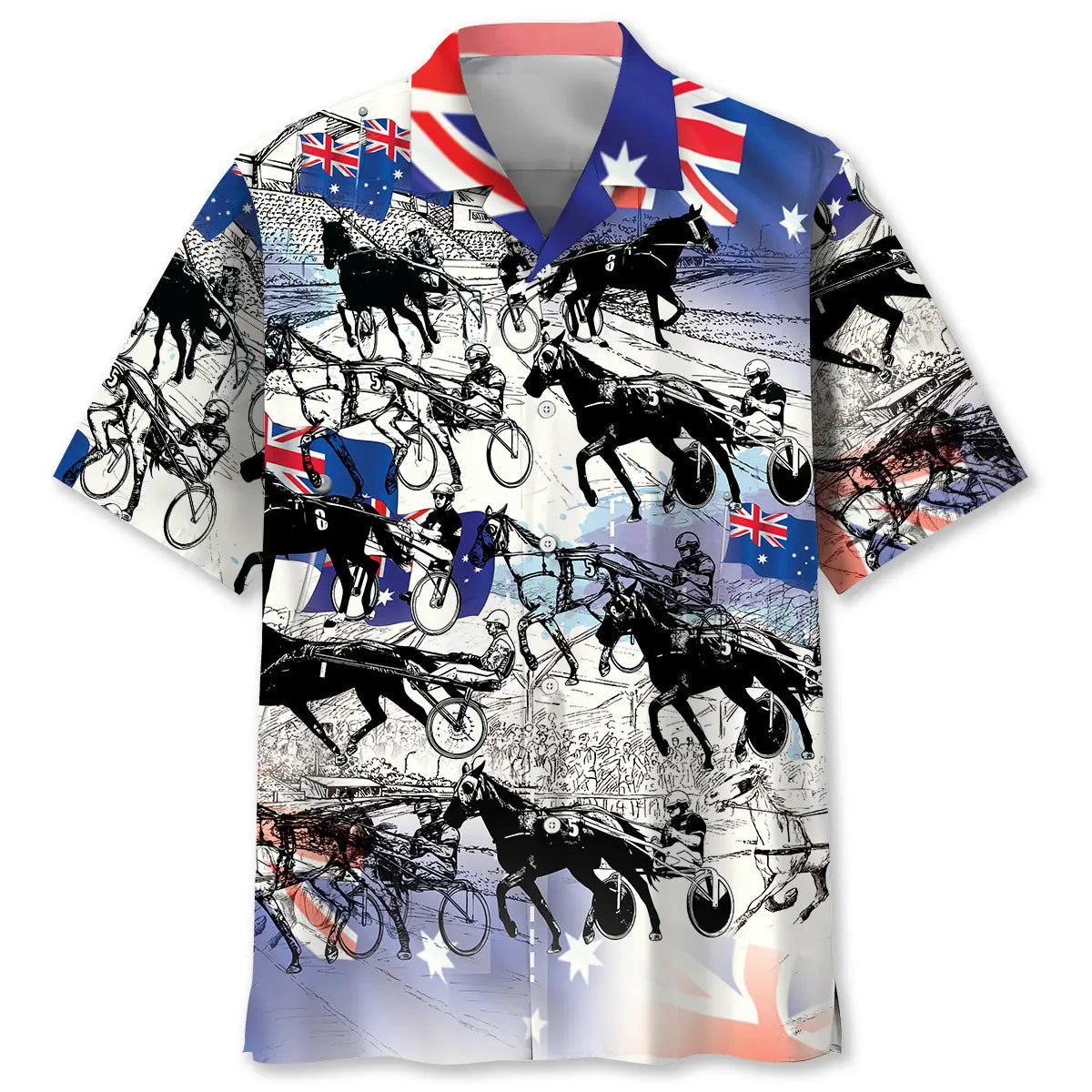 Retro Horse Harness Racing Hawaiian Shirt For Summer Vacation, Beach Travel, And Casual Wear