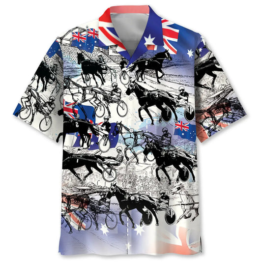 Retro Horse Harness Racing Hawaiian Shirt For Summer Vacation, Beach Travel, And Casual Wear