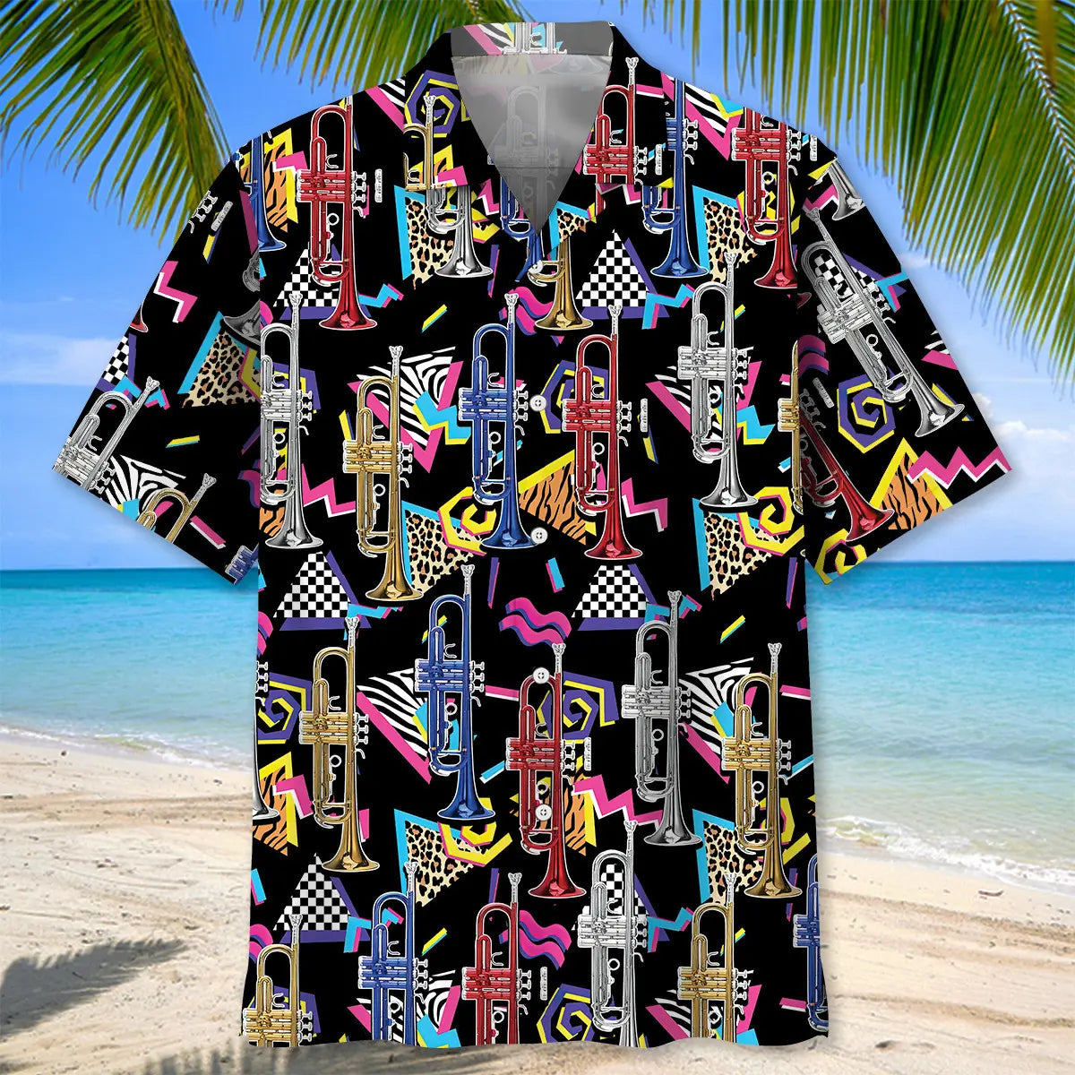 Retro Trumpet Hawaiian Shirt For Resort Trips, Coastal Parties, And Warm Weather Style