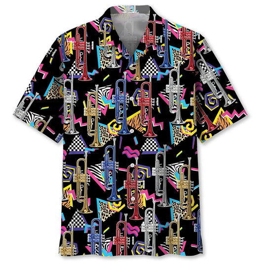 Retro Trumpet Hawaiian Shirt For Resort Trips, Coastal Parties, And Warm Weather Style