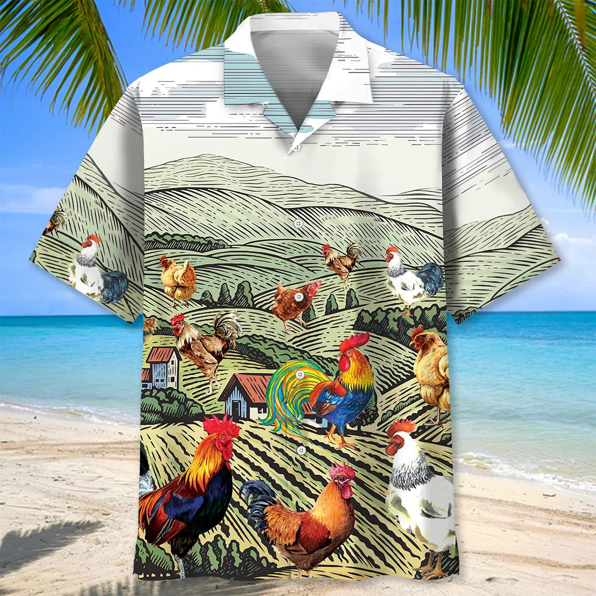 Rooster Farm Hawaiian Shirt For Summer Vacation, Beach Travel, And Casual Wear