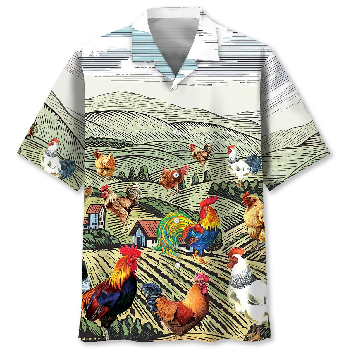 Rooster Farm Hawaiian Shirt For Summer Vacation, Beach Travel, And Casual Wear