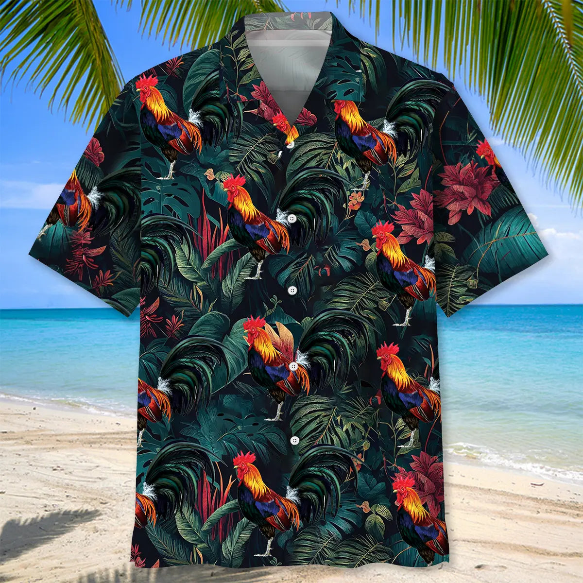 Tropical Rooster Hawaiian Shirt For Summer Vacation, Beach Travel, And Casual Wear