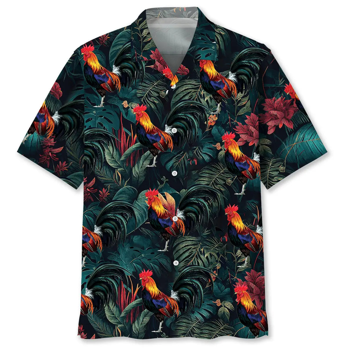Tropical Rooster Hawaiian Shirt For Summer Vacation, Beach Travel, And Casual Wear