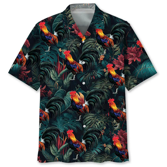 Tropical Rooster Hawaiian Shirt For Summer Vacation, Beach Travel, And Casual Wear
