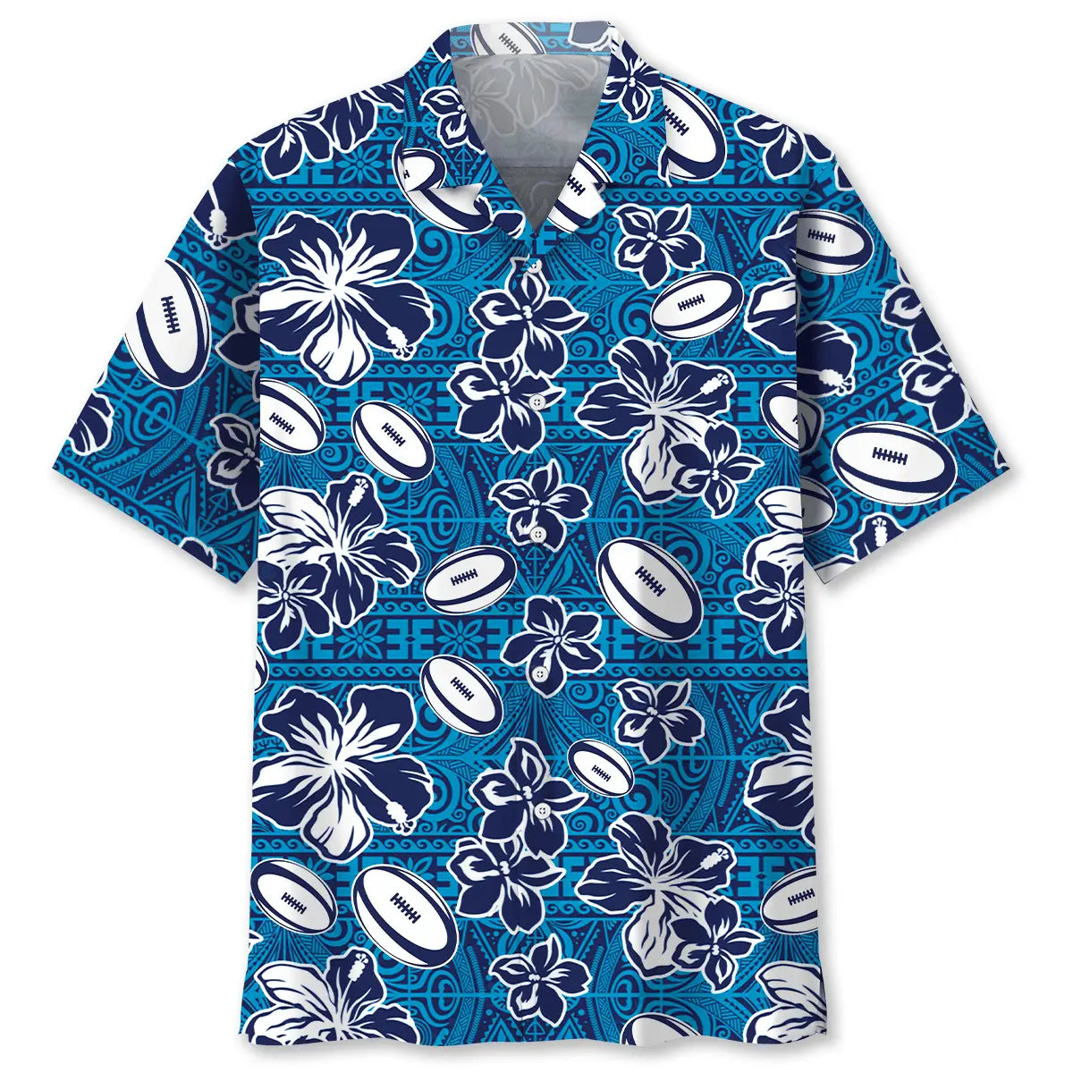 Tropical Rugby Blue Hawaiian Shirt For Active Holidays, Resort Trips, And Warm Weather Gatherings