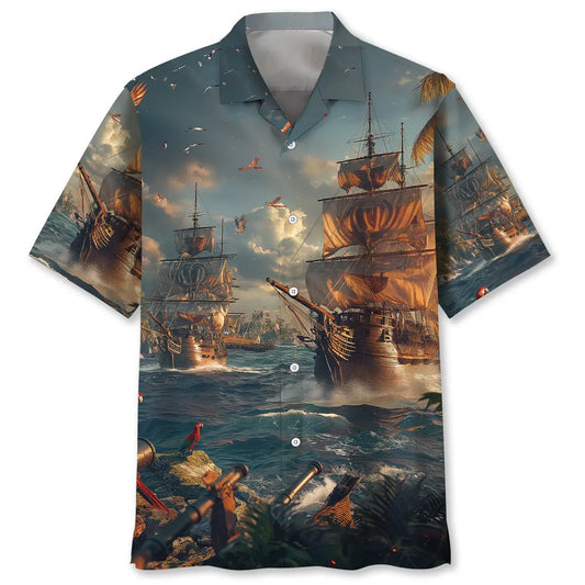 Vintage Sailboat Pirate Hawaiian Shirt For Island Vacations, Resort Wear, And Relaxed Seasonal Style