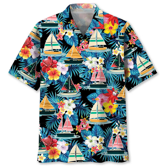Floral Tropical Sailboat Hawaiian Shirt For Island Getaways, Outdoor Gatherings, And Comfortable Summer Wear
