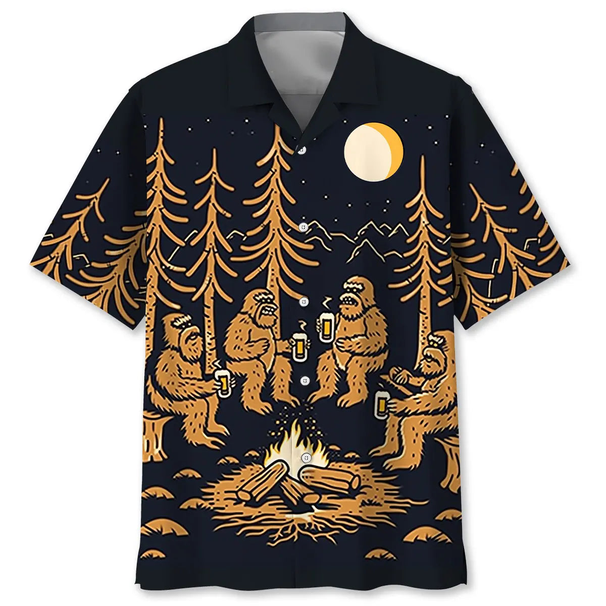 Dark Sasquatch Campfire National Park Country Hawaiian Shirt For Summer Vacation, Beach Travel, And Casual Wear