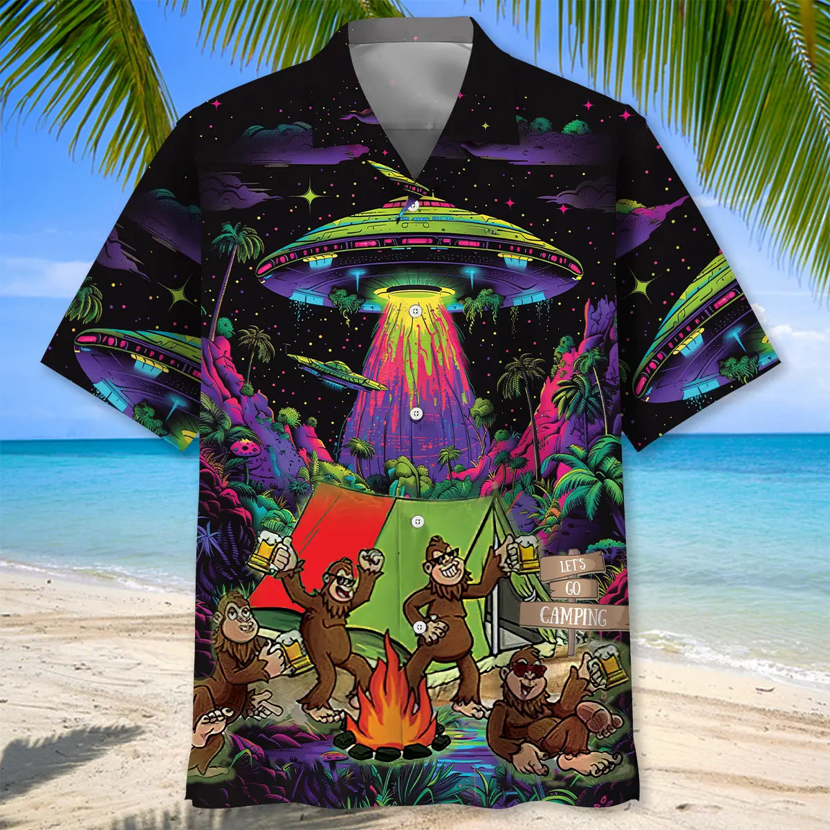 Sasquatch Night Camp Fire Gathering Hawaiian Shirt For Poolside Gathering, Summer Vacation, And Easygoing Fashion