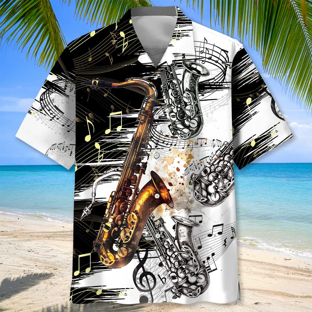 Saxophone Art Hawaiian Shirt For Beachside Event, Beach Travel, And Outdoor Comfort