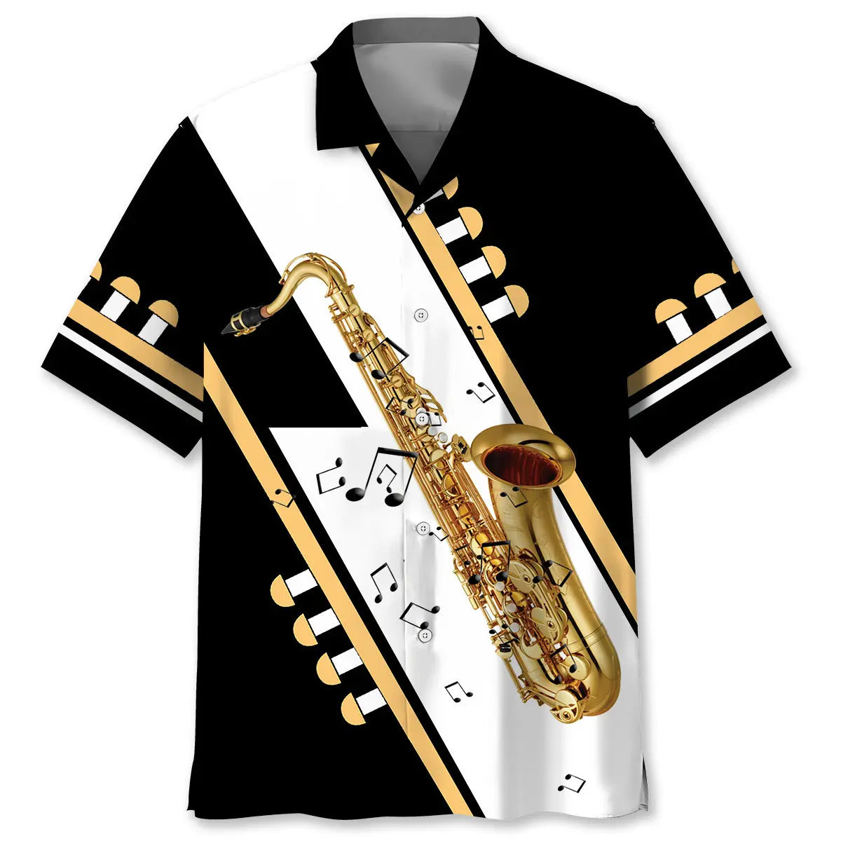 Saxophone Black White Hawaiian Shirt For Summer Road Trip, Resort Holiday, And Outdoor Comfort