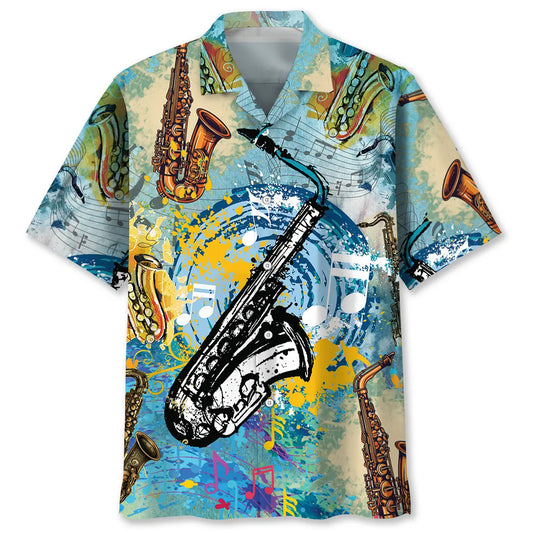 Colorful Saxophone Hawaiian Shirt For Creative Performers, Coastal Trips, And Casual Everyday Wear