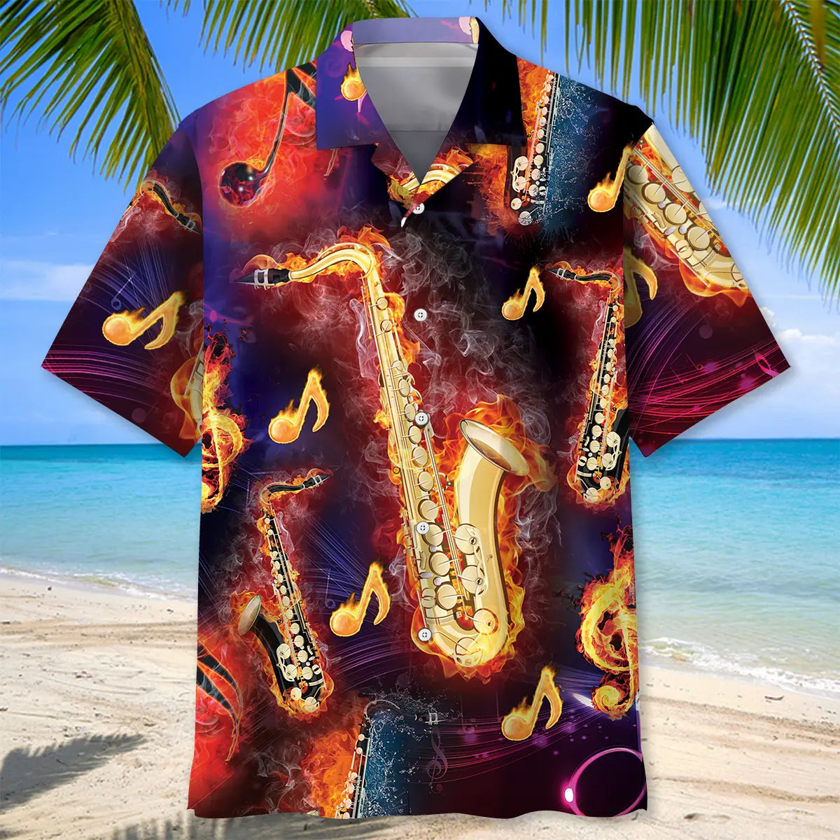Colorful Saxophone Hawaiian Shirt For Tropical Holidays, Outdoor Gatherings, And Everyday Comfort