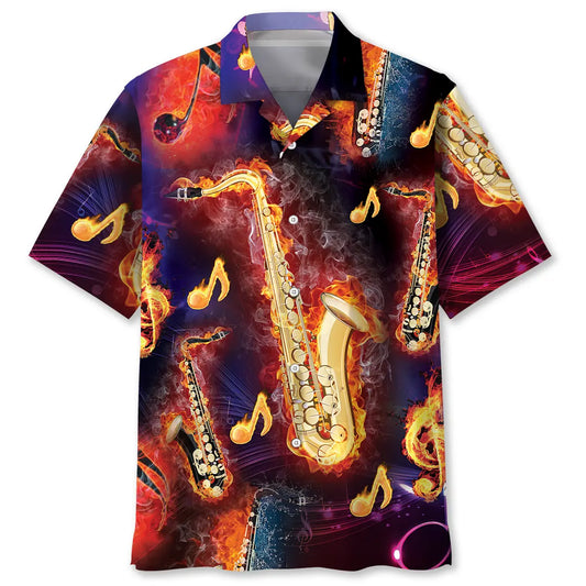 Colorful Saxophone Hawaiian Shirt For Tropical Holidays, Outdoor Gatherings, And Everyday Comfort