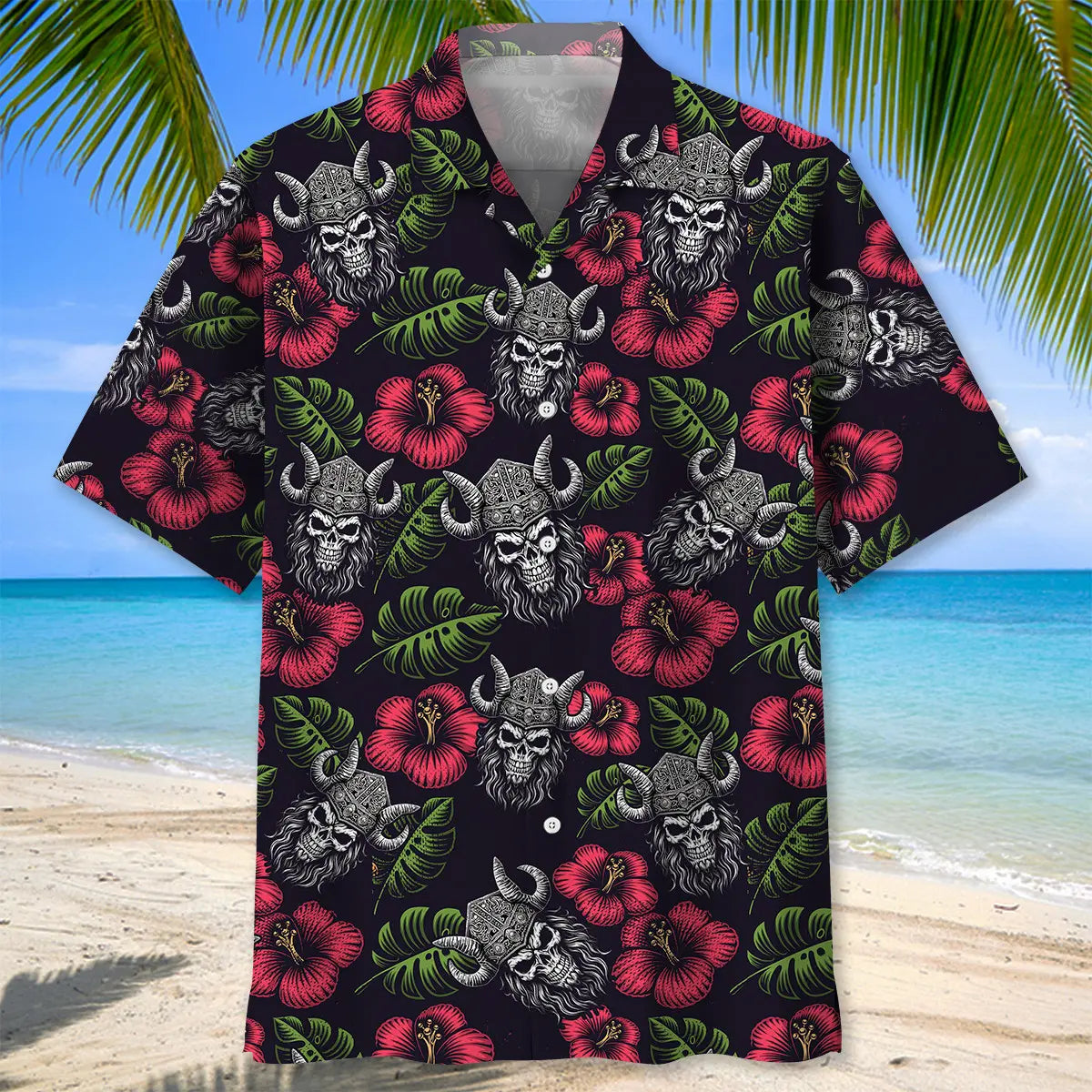 Spooky Skull Head Viking Warrior Hawaiian Shirt For Costume Parties, Summer Travel, And Distinctive Casual Wear