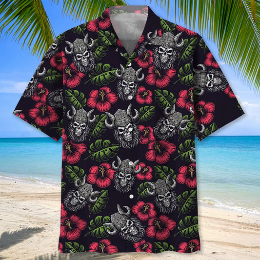 Spooky Skull Head Viking Warrior Hawaiian Shirt For Costume Parties, Summer Travel, And Distinctive Casual Wear