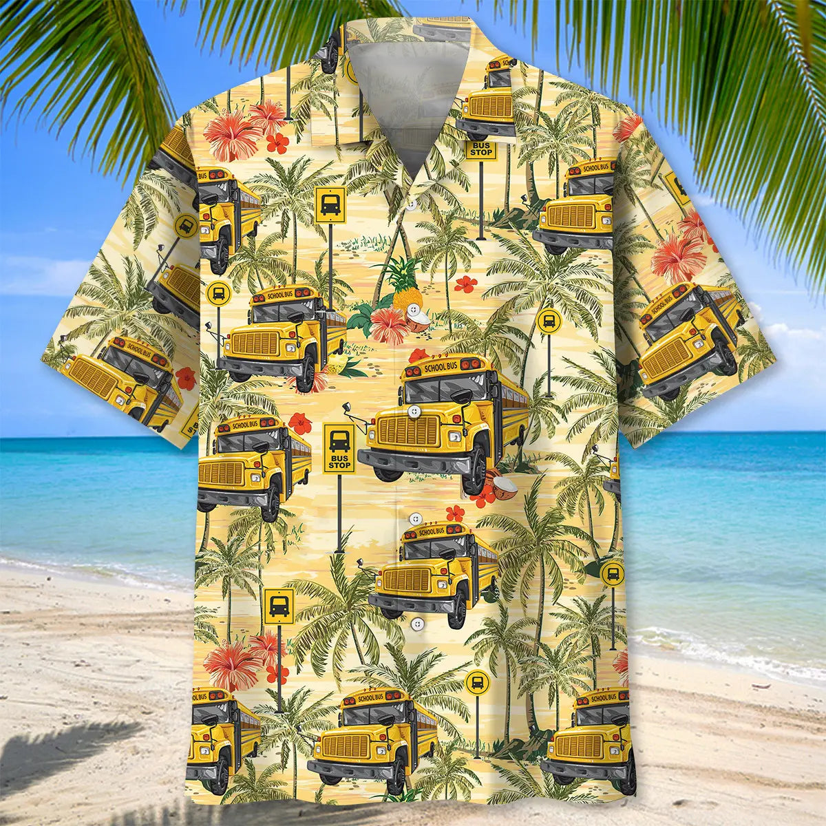 School Bus Coconut Hawaiian Shirt For Coastal Travel, Casual Events, And Comfortable Summer Wear