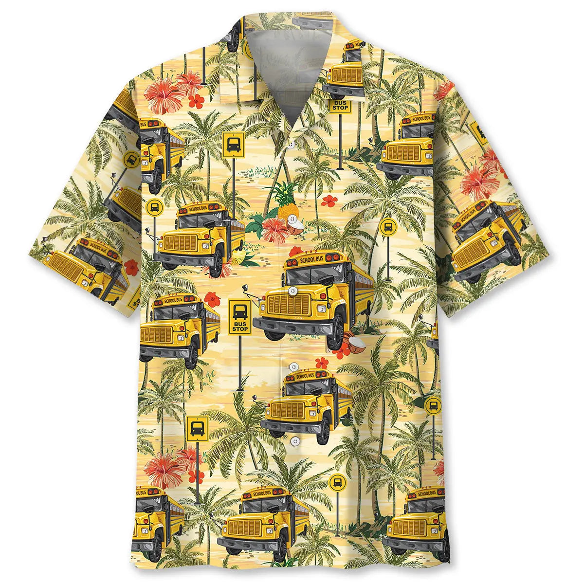 School Bus Coconut Hawaiian Shirt For Coastal Travel, Casual Events, And Comfortable Summer Wear