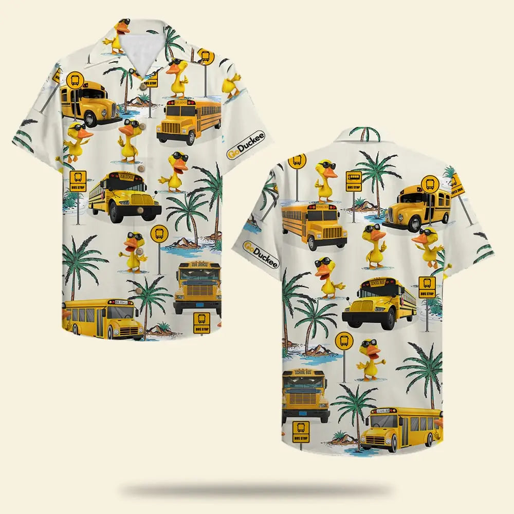 Island School Bus Drive Duck Pattern Aloha Hawaiian Shirt For Island Vacations, Resort Wear, And Relaxed Seasonal Style