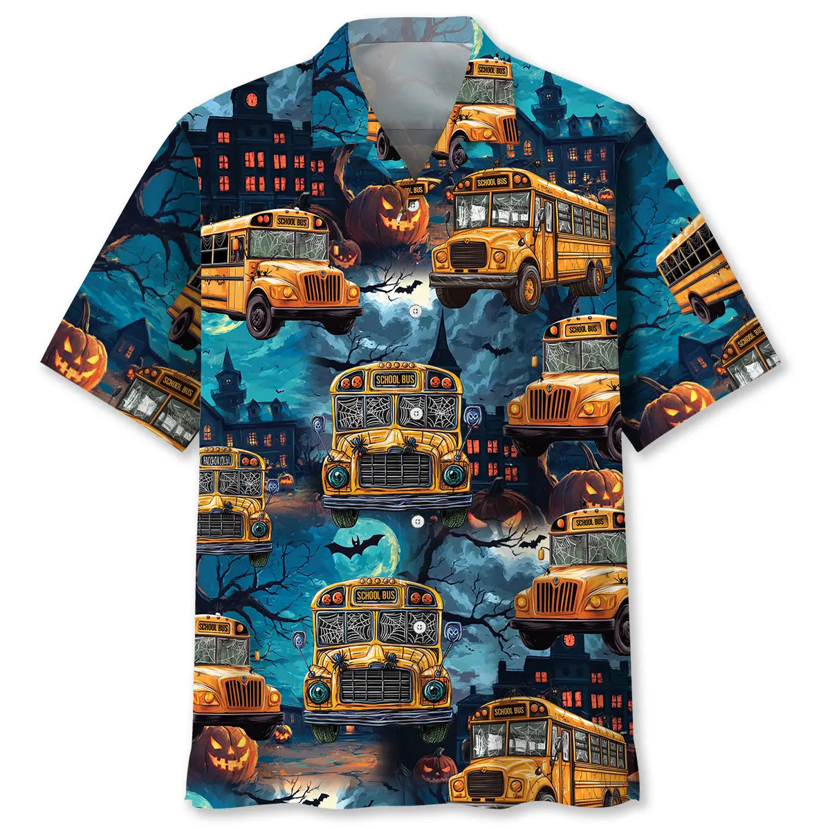 Halloween School Bus Hawaiian Shirt For Resort Trips, Coastal Parties, And Warm Weather Style