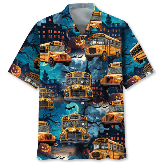 Halloween School Bus Hawaiian Shirt For Resort Trips, Coastal Parties, And Warm Weather Style
