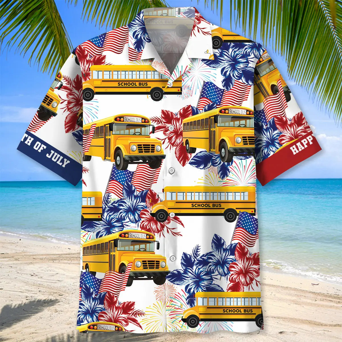 School Bus Happy Of July Hawaiian Shirt For Resort Escape, Seasonal Celebration, And Summer Party Style