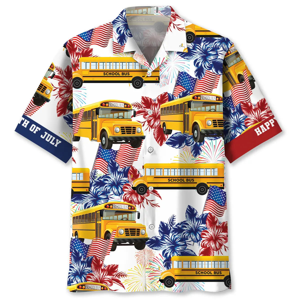 School Bus Happy Of July Hawaiian Shirt For Weekend Escape And Warm Weather Fashion