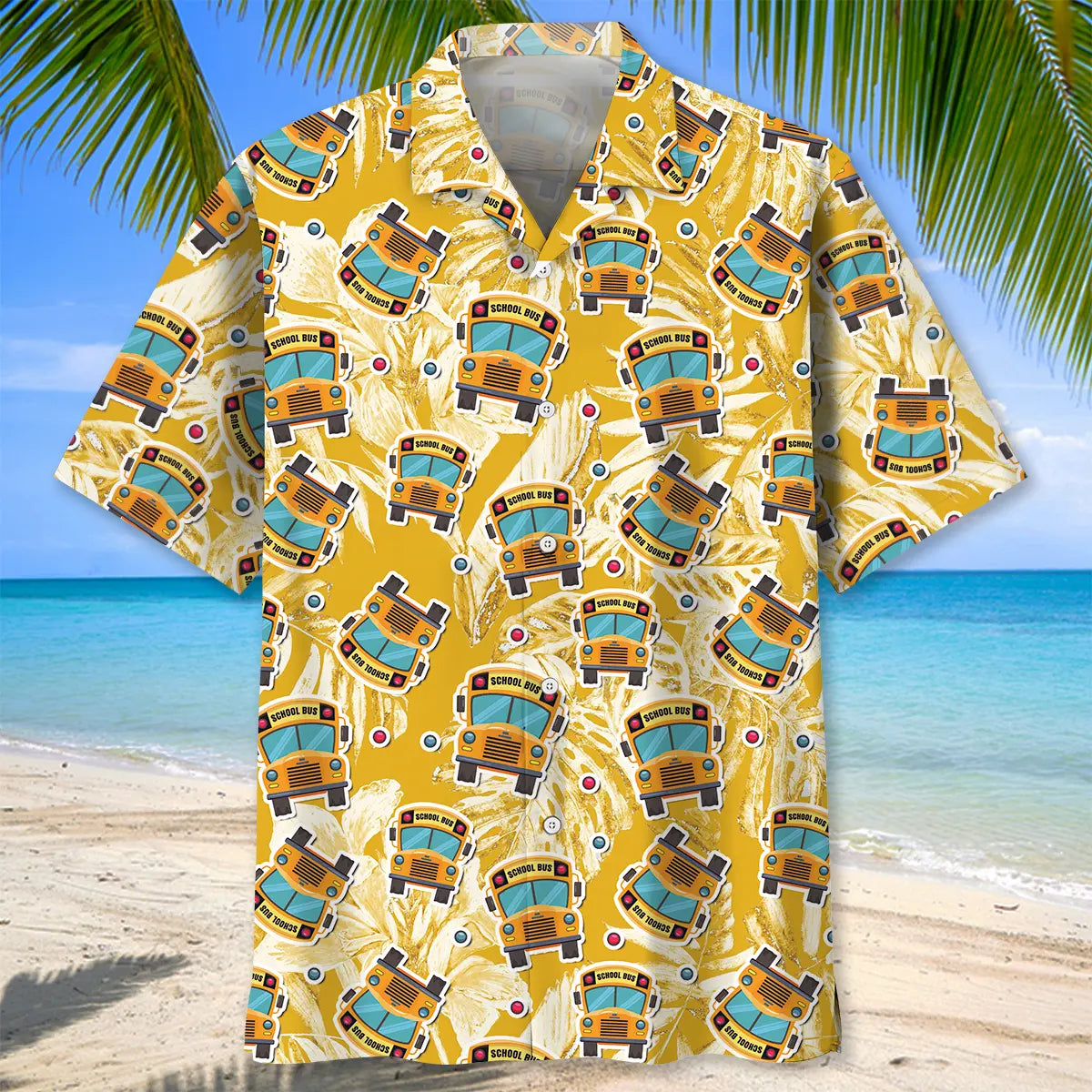 Tropical School Bus Hawaiian Shirt For Summer Vacation, Beach Travel, And Casual Wear