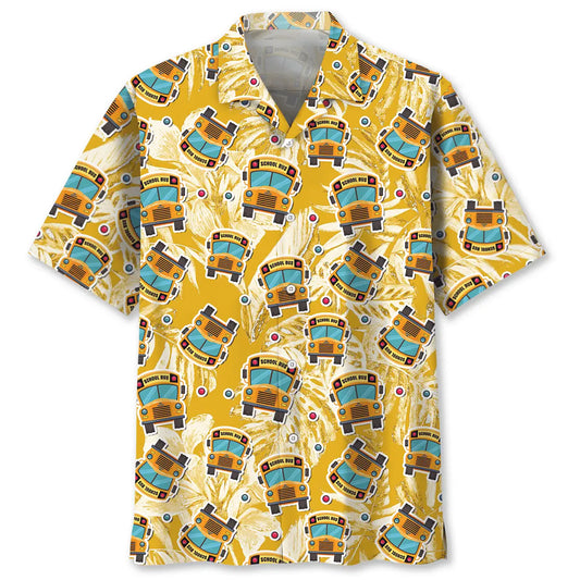 Tropical School Bus Hawaiian Shirt For Summer Vacation, Beach Travel, And Casual Wear