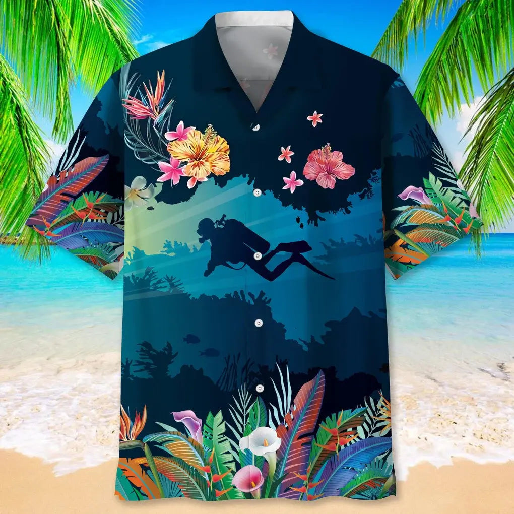 Tropical Scuba Diving Beach Hawaiian Shirt For Tropical Holidays, Outdoor Gatherings, And Everyday Comfort
