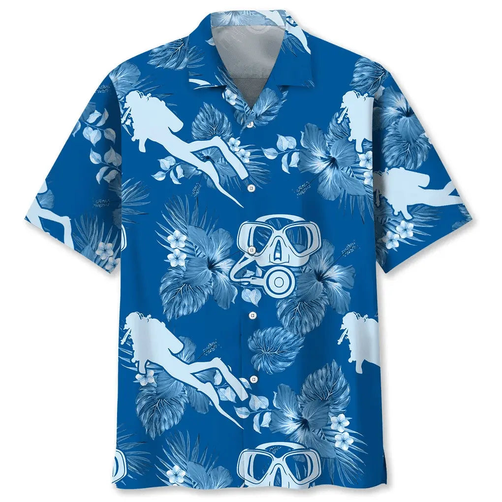 Scuba Diving Blue Hawaiian Shirt For Island Vacations, Resort Wear, And Relaxed Seasonal Style