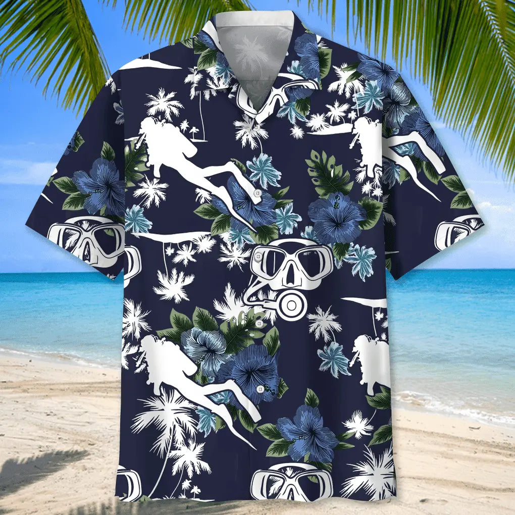 Scuba Diving Blue Nature Hawaiian Shirt For Tropical Holidays, Outdoor Gatherings, And Everyday Comfort