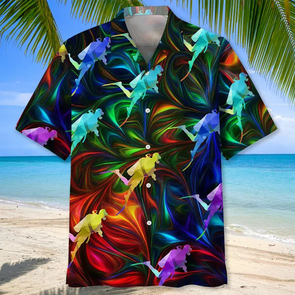 Colorful Scuba Diving Hawaiian Shirt For Summer Vacation, Beach Travel, And Casual Wear
