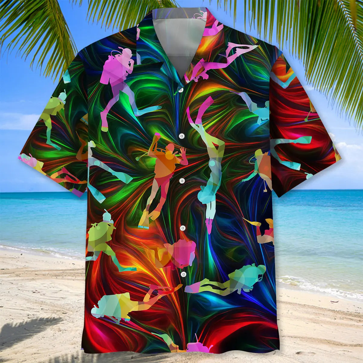 Colorful Scuba Diving Hawaiian Shirt For Resort Trips, Coastal Parties, And Warm Weather Style