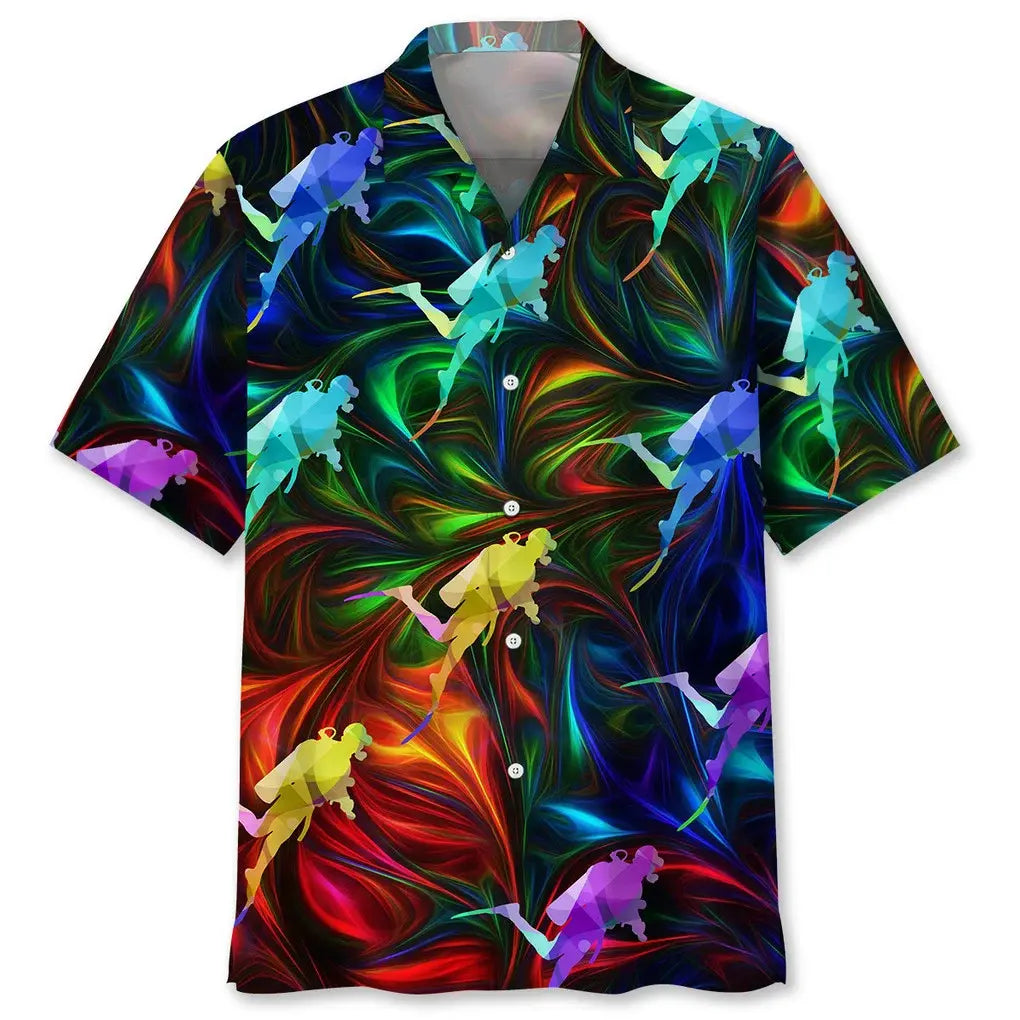 Colorful Scuba Diving Hawaiian Shirt For Summer Vacation, Beach Travel, And Casual Wear