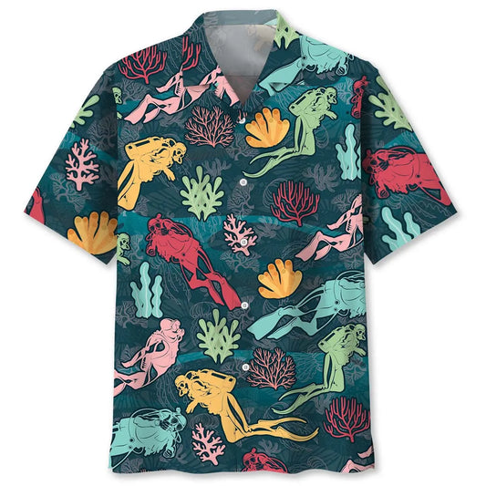 Scuba Diving Coral Hawaiian Shirt For Outdoor Adventures, Coastal Travel, And Comfortable Casual Style