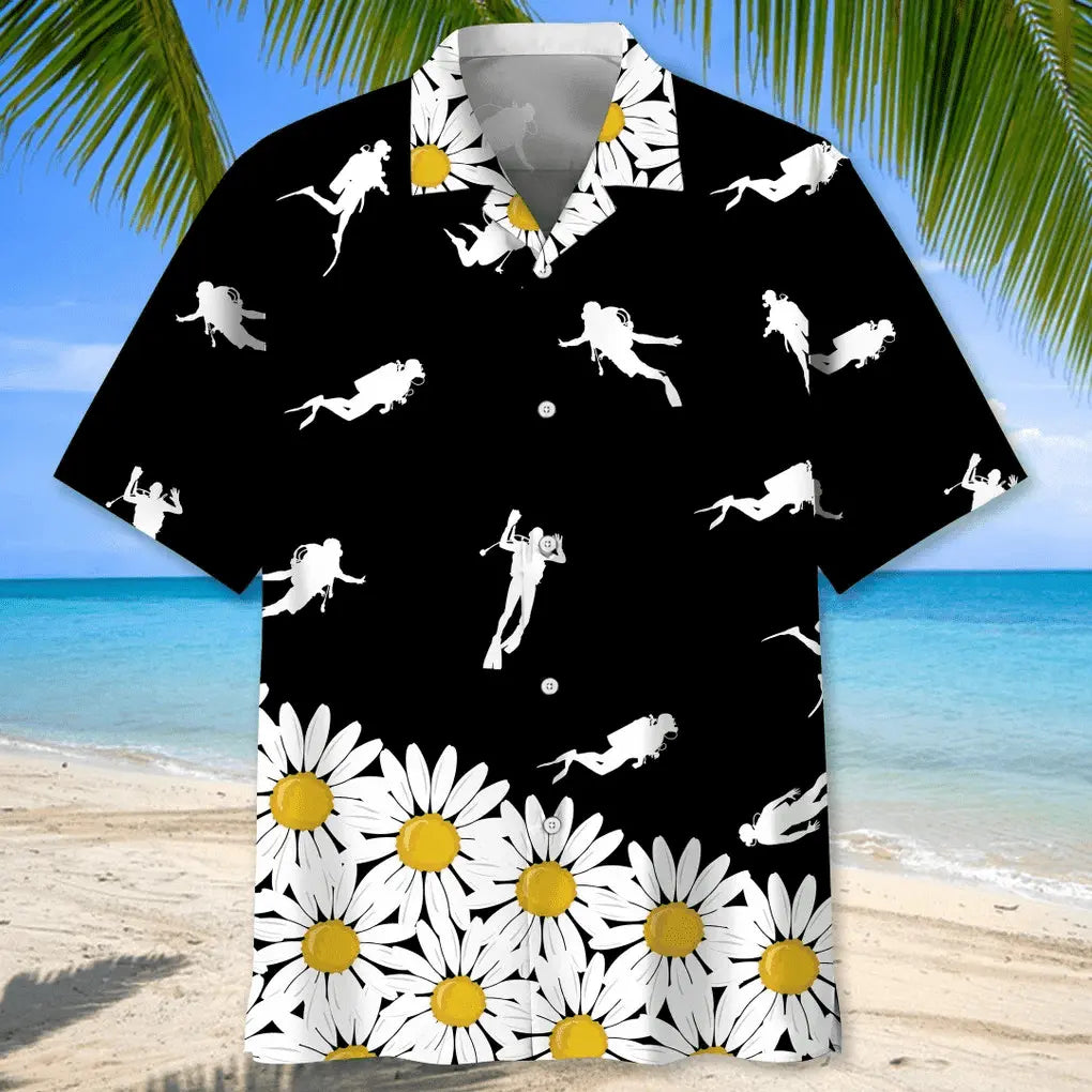 Floral Scuba Diving Daisy Hawaiian Shirt For Active Holidays, Resort Trips, And Warm Weather Gatherings
