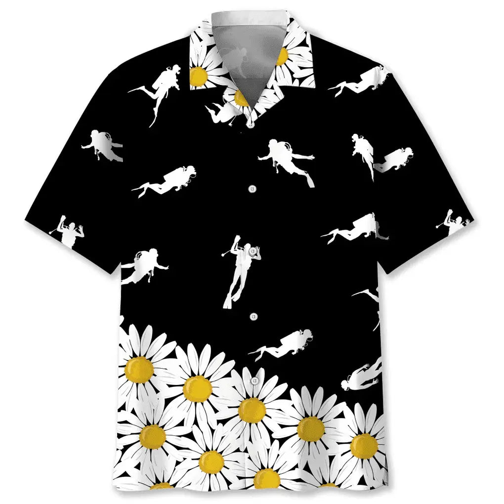Floral Scuba Diving Daisy Hawaiian Shirt For Active Holidays, Resort Trips, And Warm Weather Gatherings