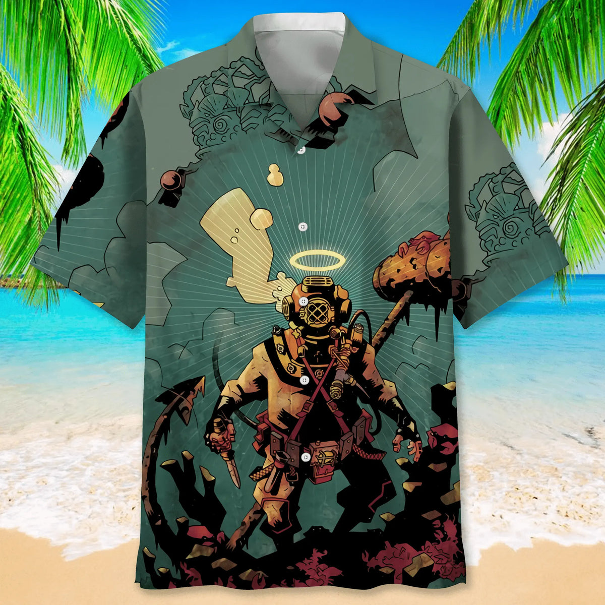 Scuba Diving Gray Hawaiian Shirt For Active Holidays, Resort Trips, And Warm Weather Gatherings