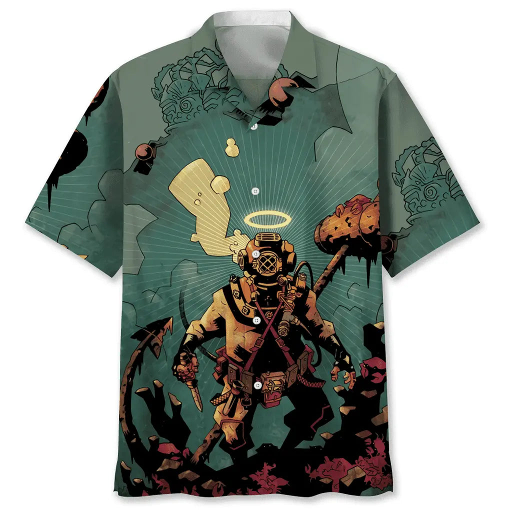 Scuba Diving Gray Hawaiian Shirt For Active Holidays, Resort Trips, And Warm Weather Gatherings