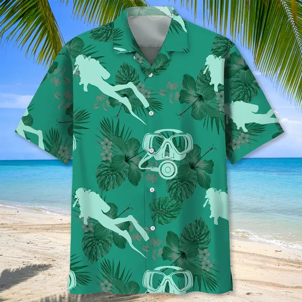 Scuba Diving Kelly Green Hawaiian Shirt For Summer Vacation, Beach Travel, And Casual Wear