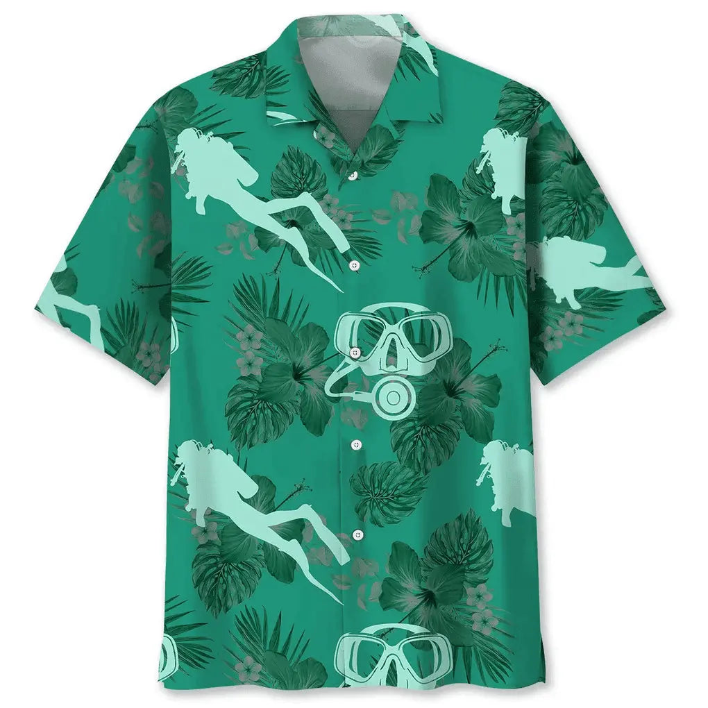 Scuba Diving Kelly Green Hawaiian Shirt For Summer Vacation, Beach Travel, And Casual Wear