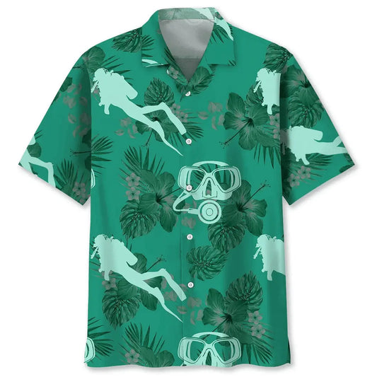 Scuba Diving Kelly Green Hawaiian Shirt For Summer Vacation, Beach Travel, And Casual Wear