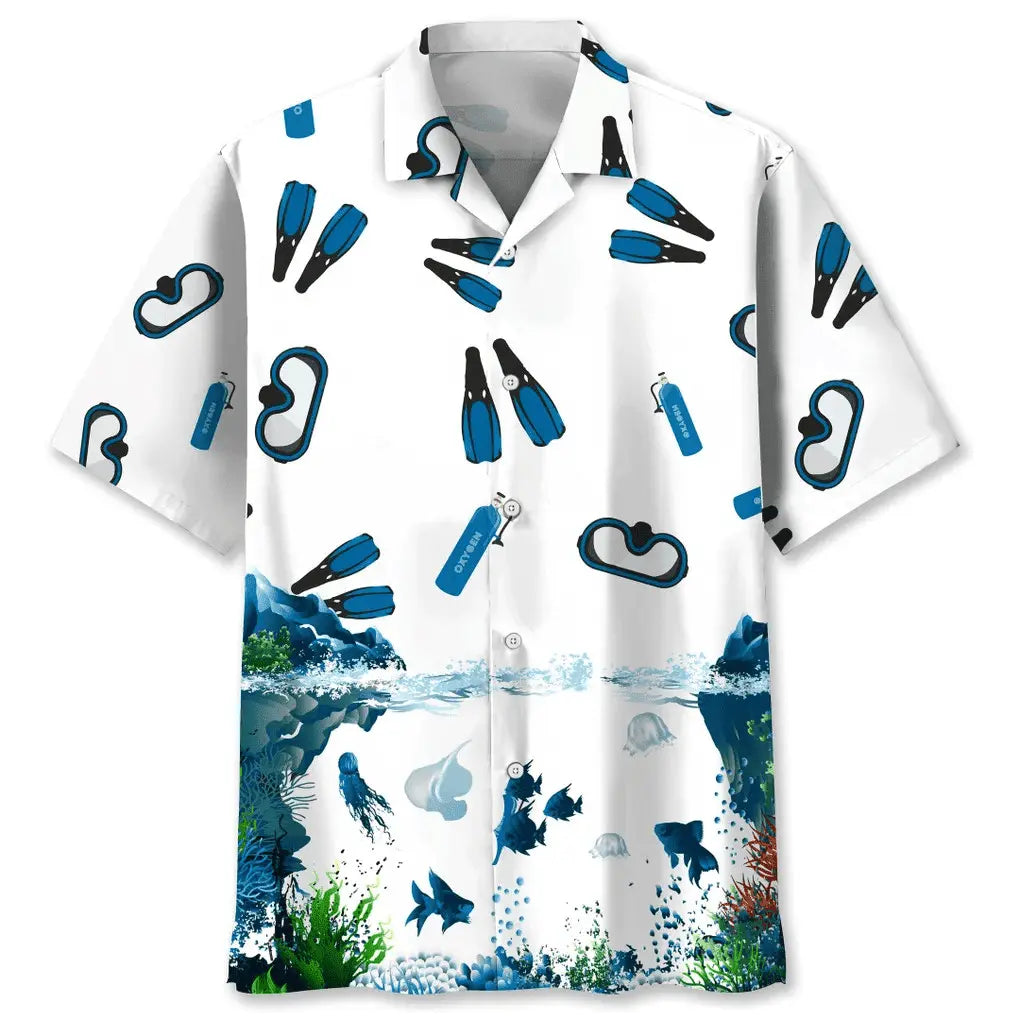 Scuba Diving Hawaiian Shirt For Summer Vacation, Beach Travel, And Casual Wear