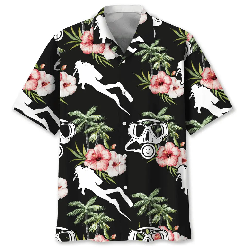 Floral Scuba Diving Nature Hawaiian Shirt For Coastal Travel, Casual Events, And Comfortable Summer Wear