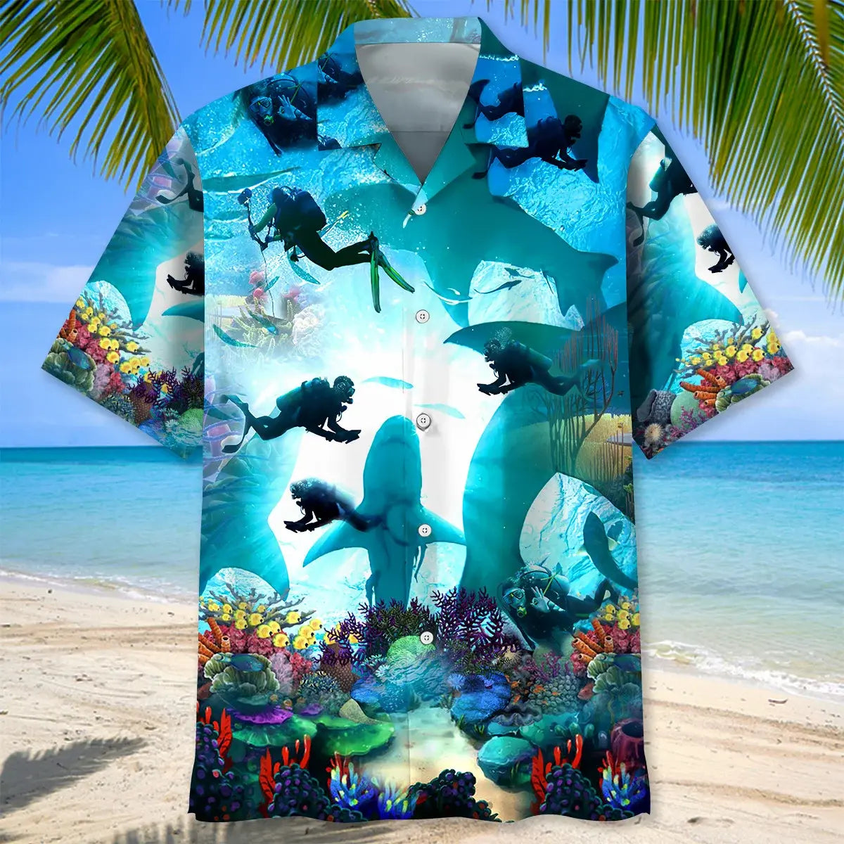 Scuba Diving Shark Hawaiian Shirt For Coastal Travel, Casual Events, And Comfortable Summer Wear