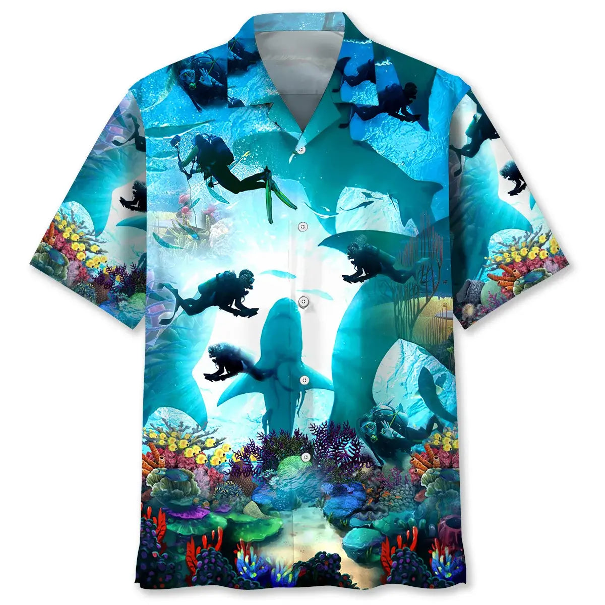 Scuba Diving Shark Hawaiian Shirt For Coastal Travel, Casual Events, And Comfortable Summer Wear