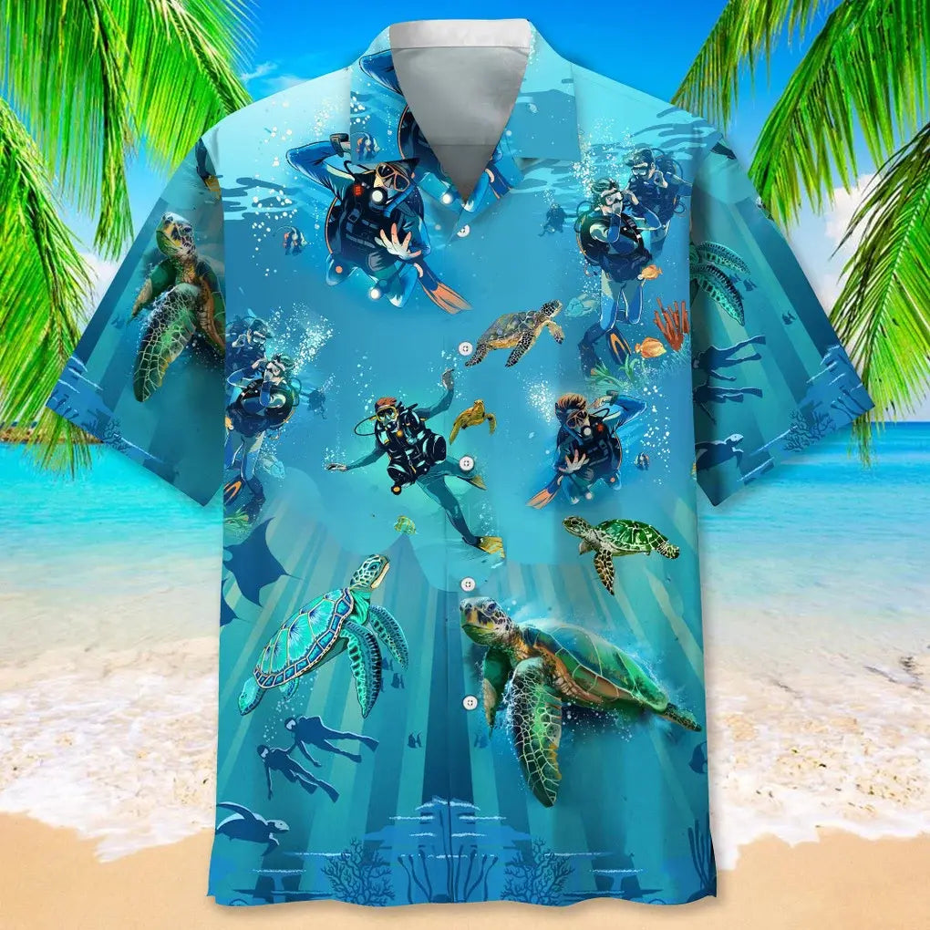 Scuba Diving Turtle Hawaiian Shirt For Active Holidays, Resort Trips, And Warm Weather Gatherings