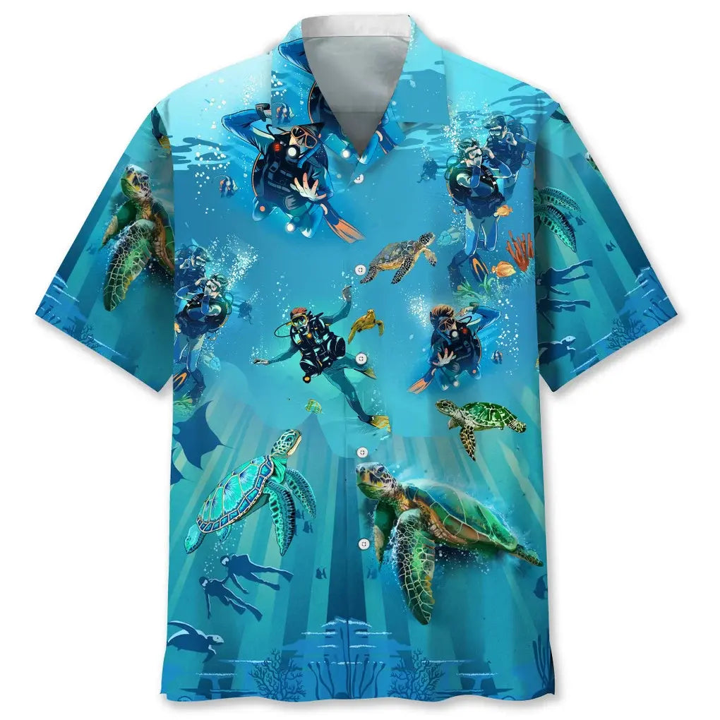 Scuba Diving Turtle Hawaiian Shirt For Active Holidays, Resort Trips, And Warm Weather Gatherings